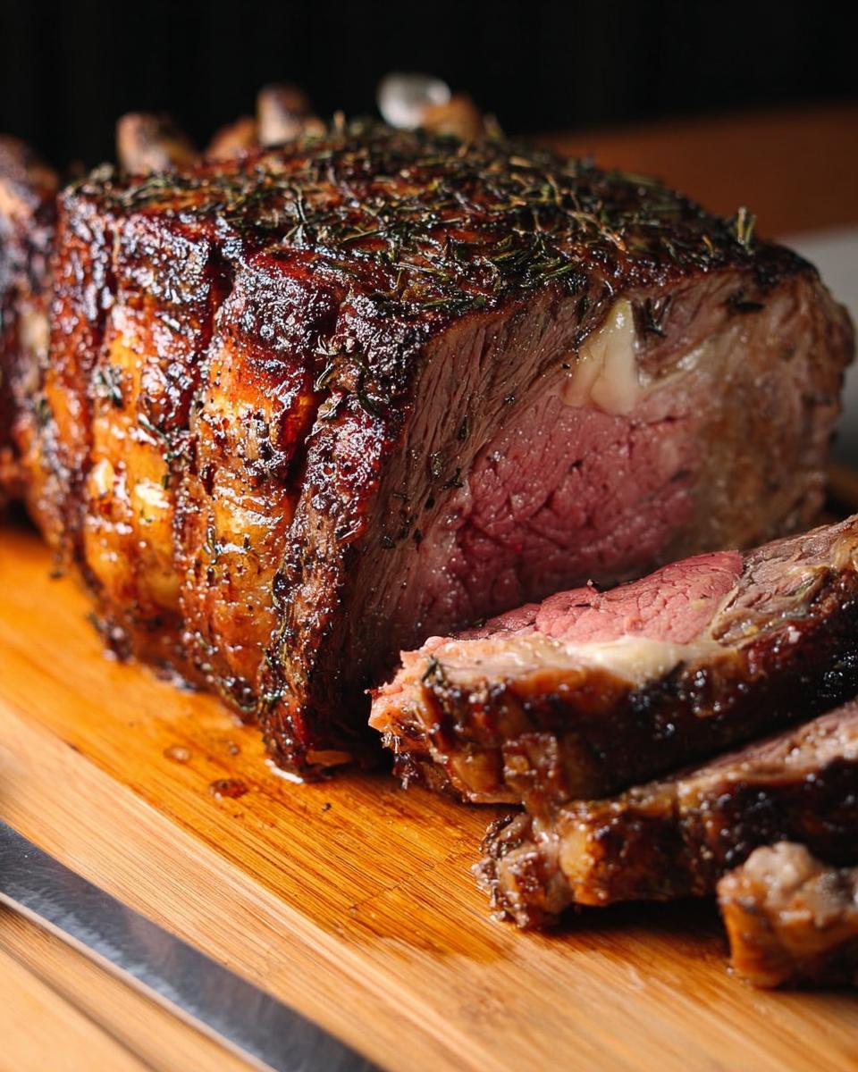 A beautifully roasted Prime Rib for Christmas Dinner, sliced to show a perfect medium-rare center on a wooden board.