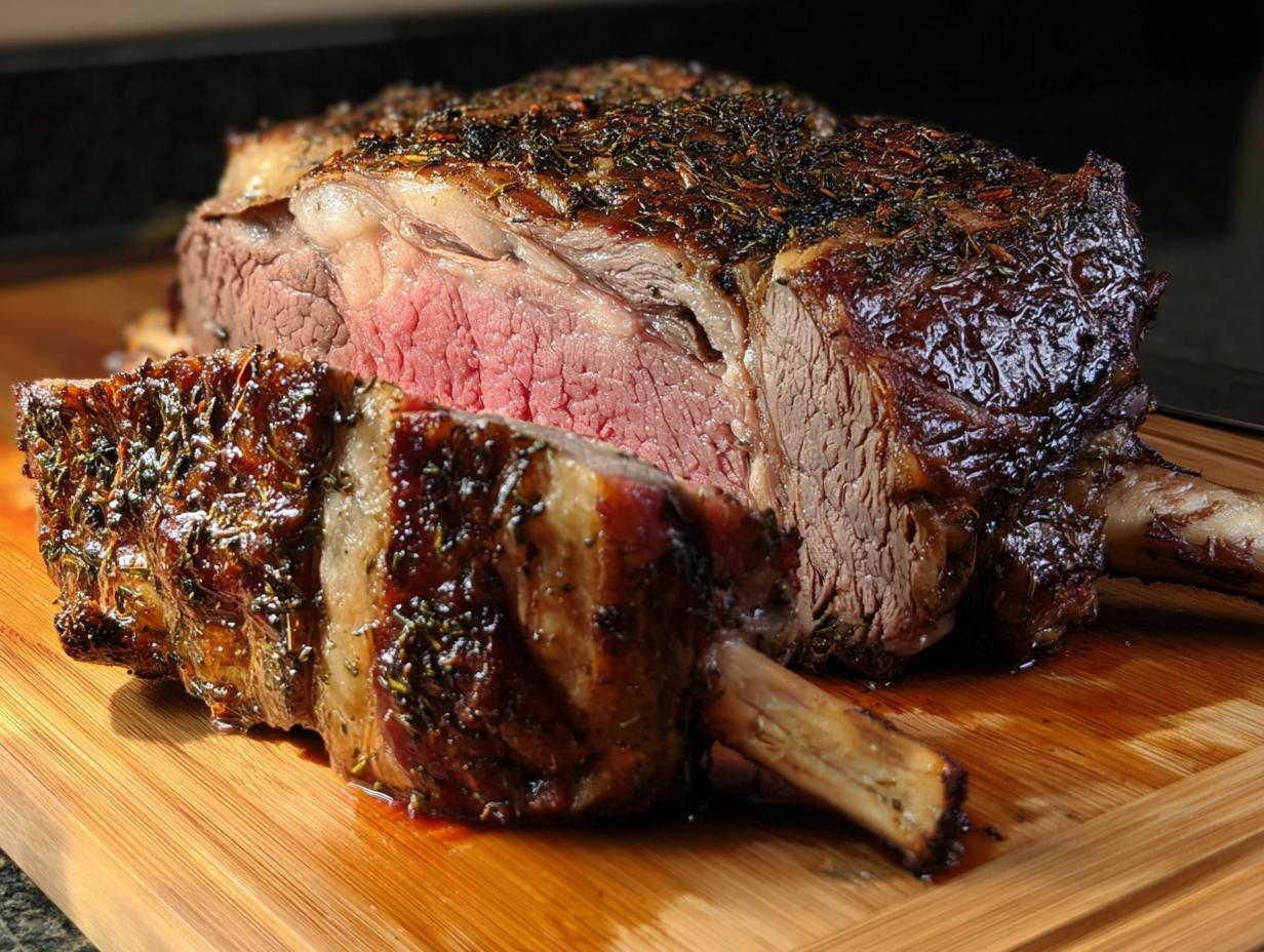 A thick, perfectly cooked Prime Rib for Christmas Dinner, sliced to show a medium-rare center and herb crust.