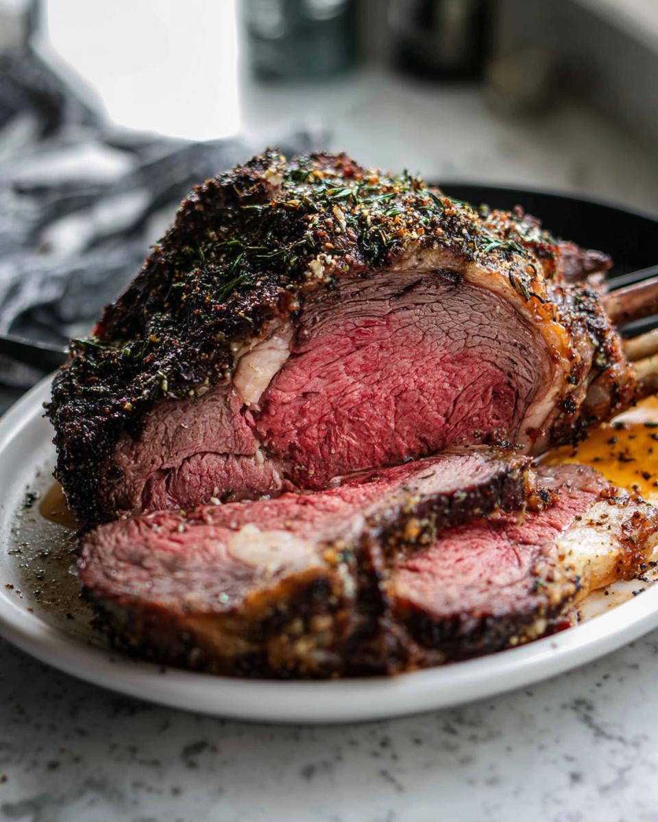 A thick, medium-rare prime rib roast, sliced to show the pink center and dark herb crust, resting on a white platter.
