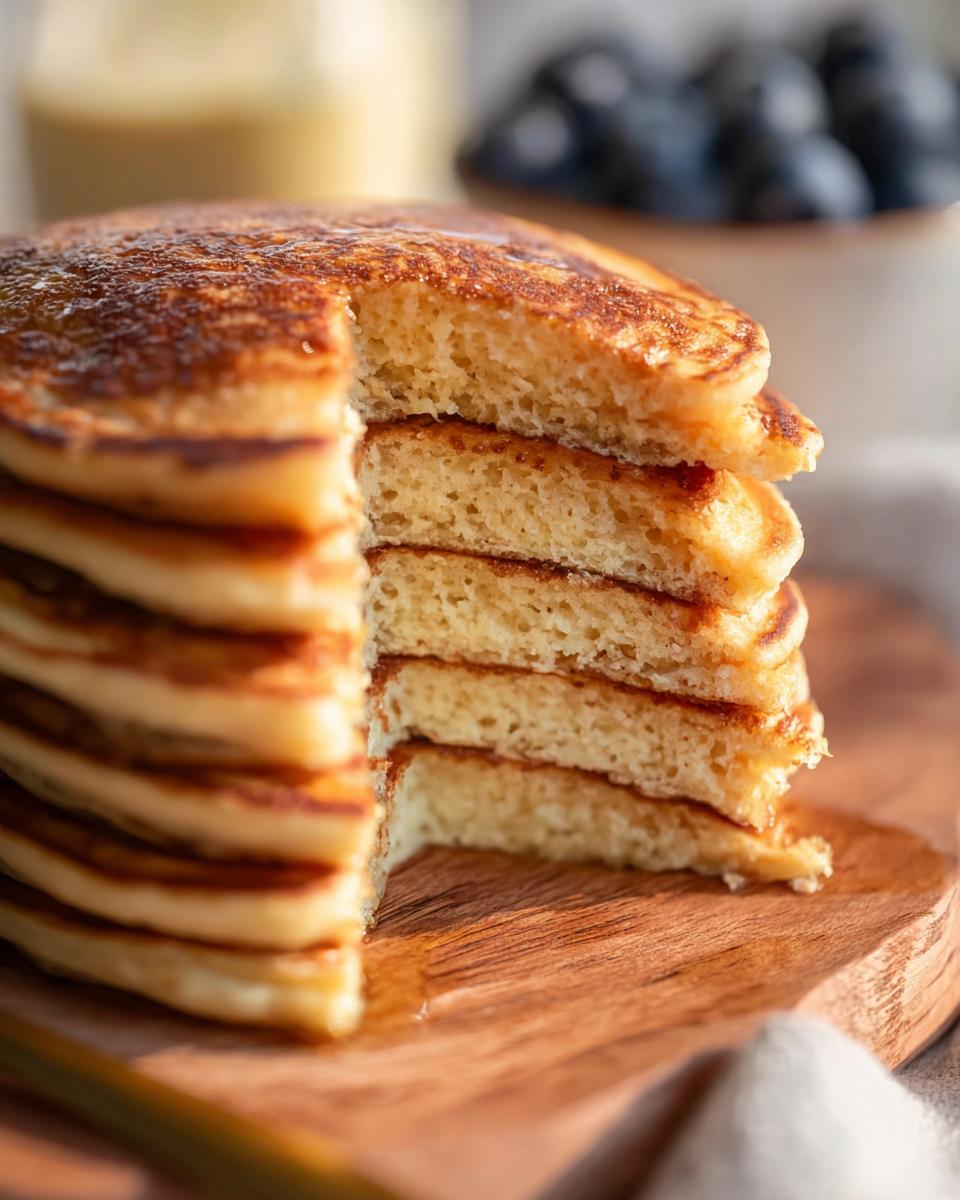 A tall stack of fluffy Protein Ghost Pancakes with a slice cut out, showing their airy texture.