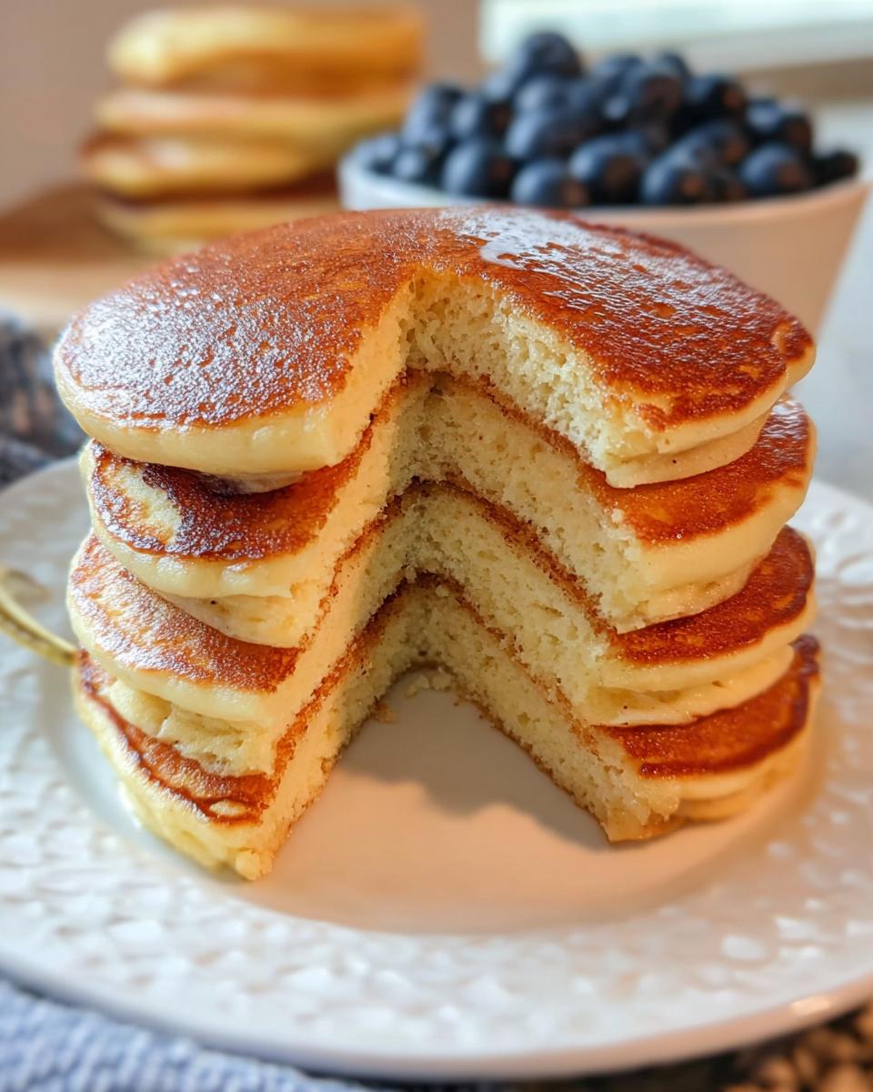 A stack of fluffy Protein Ghost Pancakes with a slice cut out, showing the airy interior. Blueberries are visible in the background.