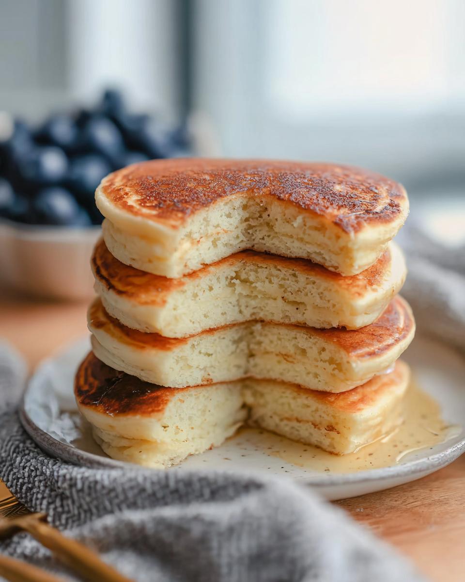 A stack of fluffy Protein Ghost Pancakes with a bite taken out, drizzled with syrup.