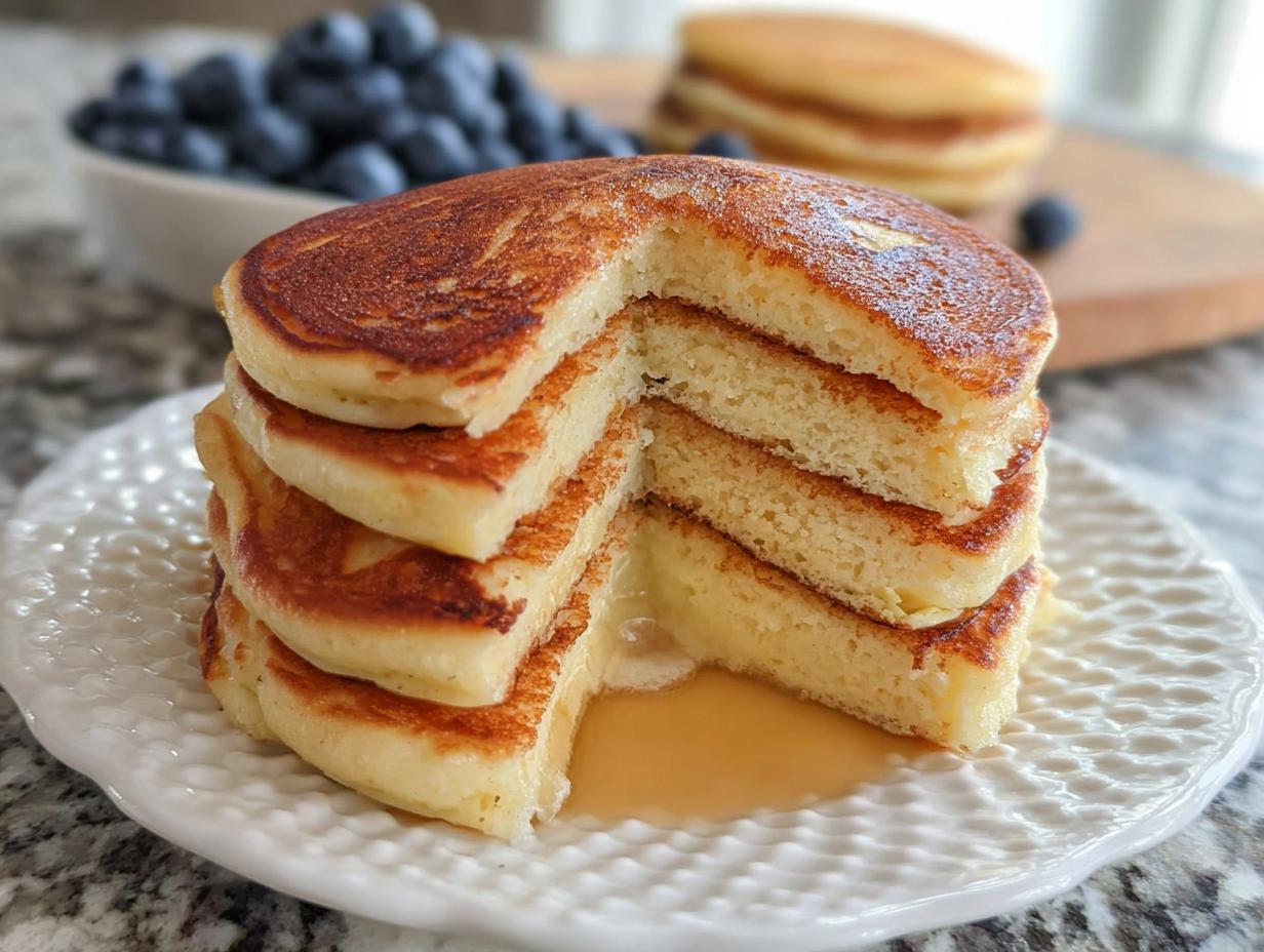 A tall stack of fluffy Protein Ghost Pancakes on a white plate, drizzled with syrup, with blueberries in the background.