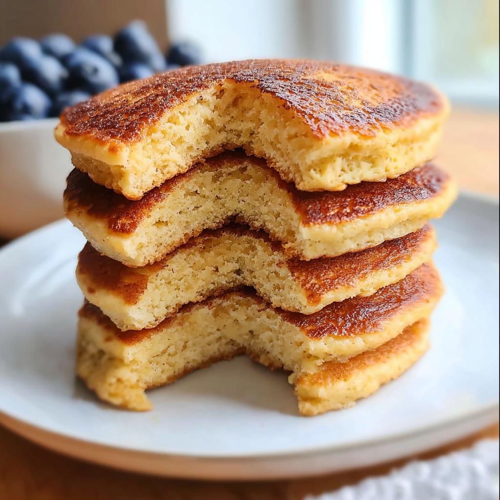 A stack of fluffy Protein Ghost Pancakes with a bite taken out, showing their tender interior.