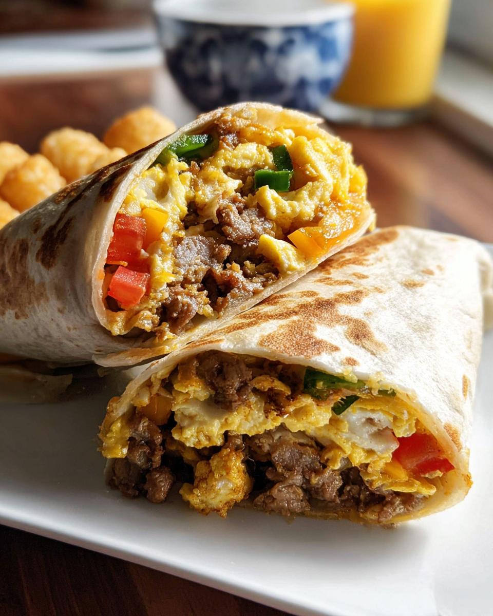 Close-up of Protein-Packed Breakfast Burritos cut in half, showing eggs, meat, and peppers inside a toasted tortilla.