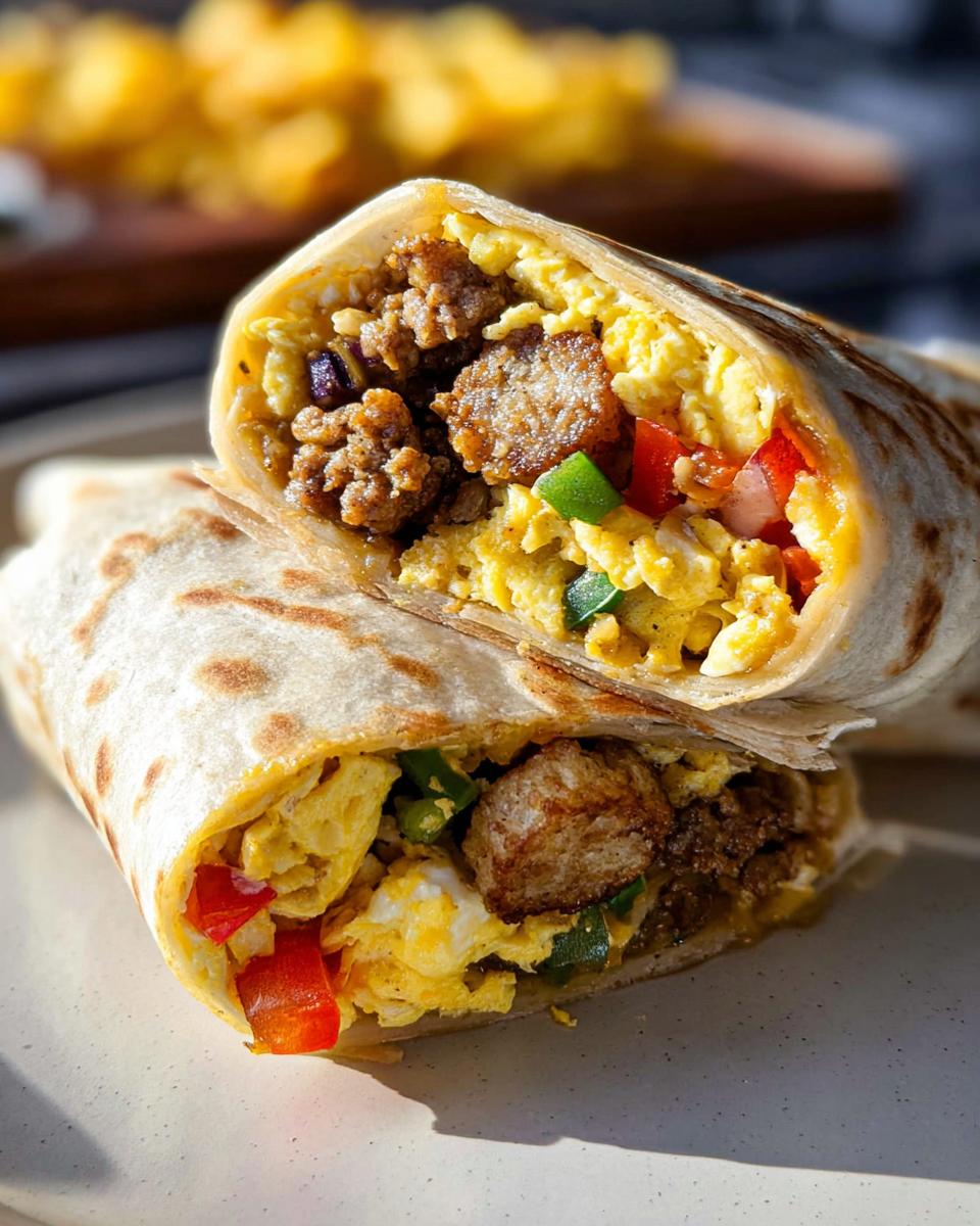 Cross-section of a Protein-Packed Breakfast Burrito showing scrambled eggs, sausage, and diced peppers.
