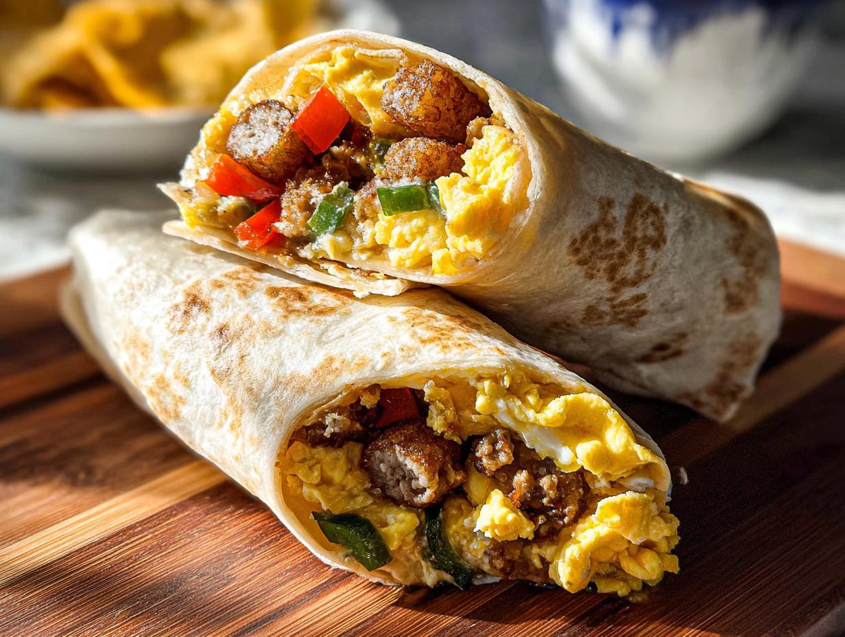 Close-up of two halves of Protein-Packed Breakfast Burritos filled with scrambled eggs, sausage, and peppers on a wooden board.