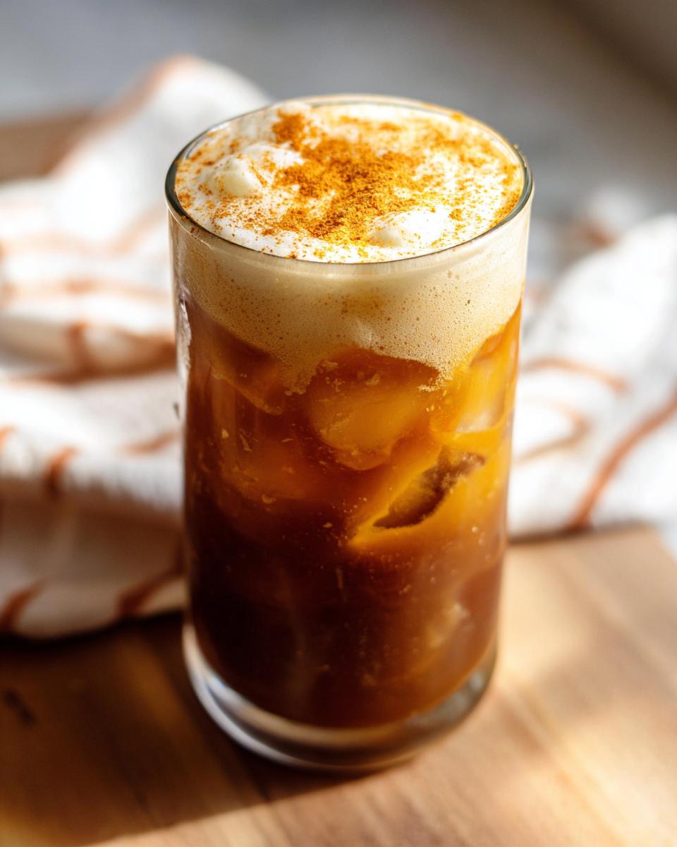 A tall glass filled with ice and cold brew coffee, topped with thick foam and a dusting of spice for a Pumpkin Cream Cold Brew.