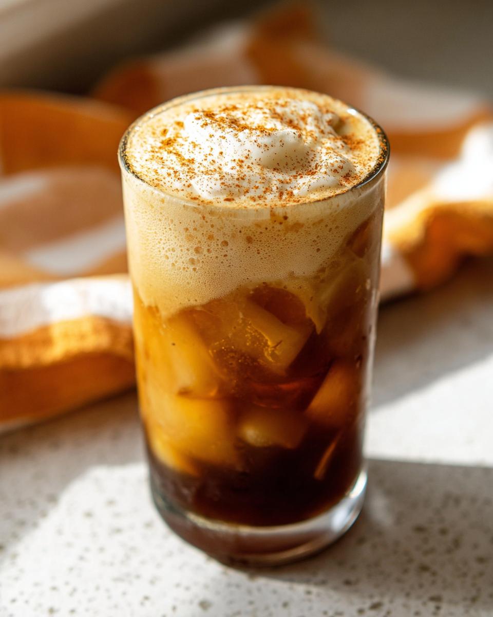 Close-up of a tall glass filled with Pumpkin Cream Cold Brew, ice, and topped with foam and cinnamon.