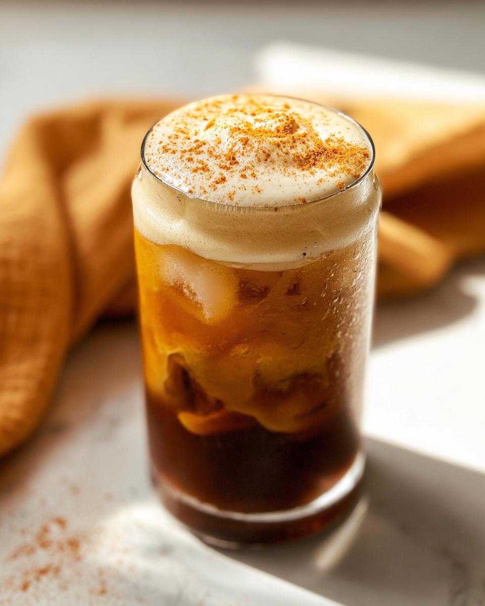 A tall glass filled with ice, dark coffee, and swirling pumpkin cream, topped with foam and sprinkled with spice for Pumpkin Cream Cold Brew.