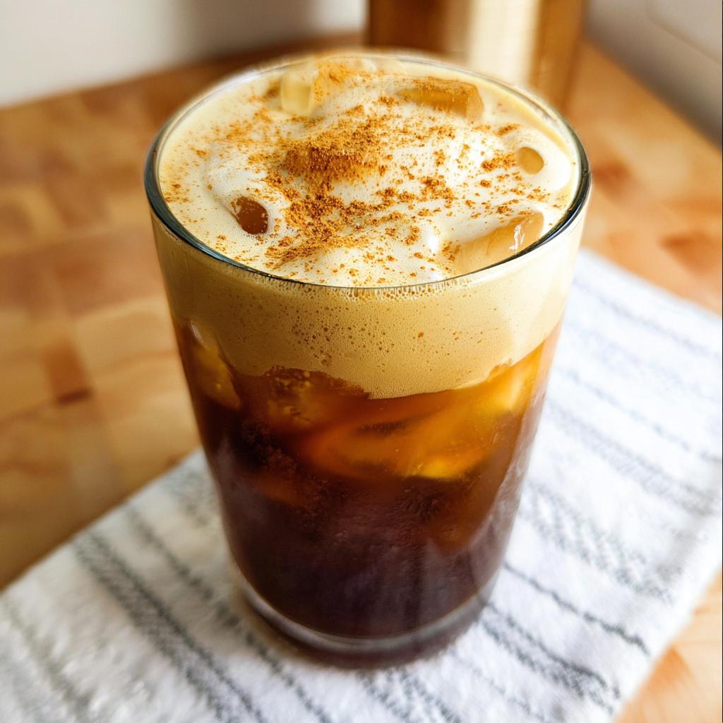 A tall glass filled with iced Pumpkin Cream Cold Brew, topped with thick foam and a dusting of cinnamon.