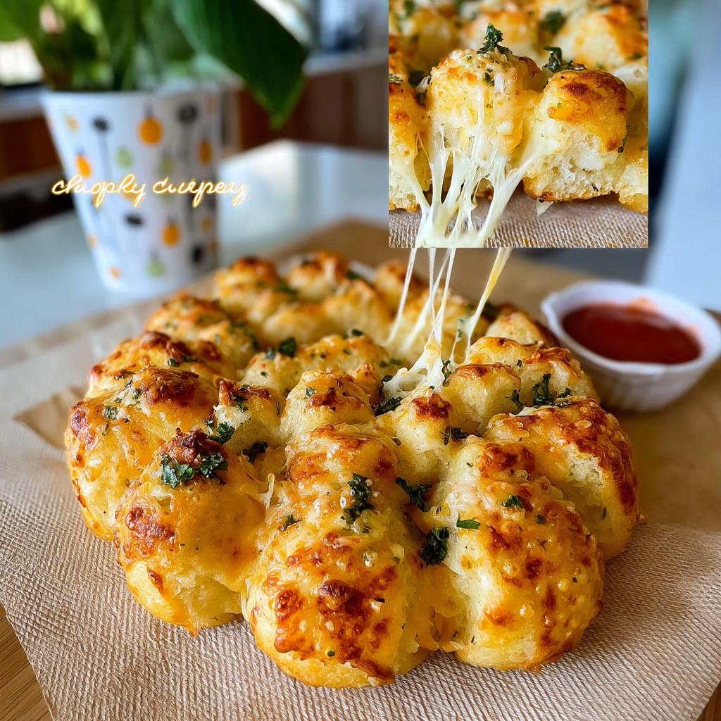 A golden-brown Pumpkin-Shaped Cheesy Pull-Apart Bread with melted cheese stretching out, served with a side of dipping sauce.