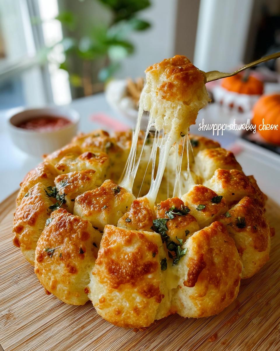 A fork pulling a piece from a golden-brown Pumpkin-Shaped Cheesy Pull-Apart Bread, revealing long strands of melted cheese.