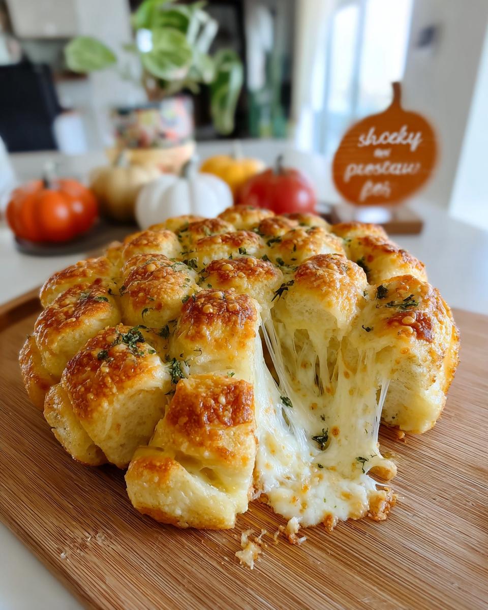 Close-up of a golden-brown Pumpkin-Shaped Cheesy Pull-Apart Bread with melted cheese stretching out.