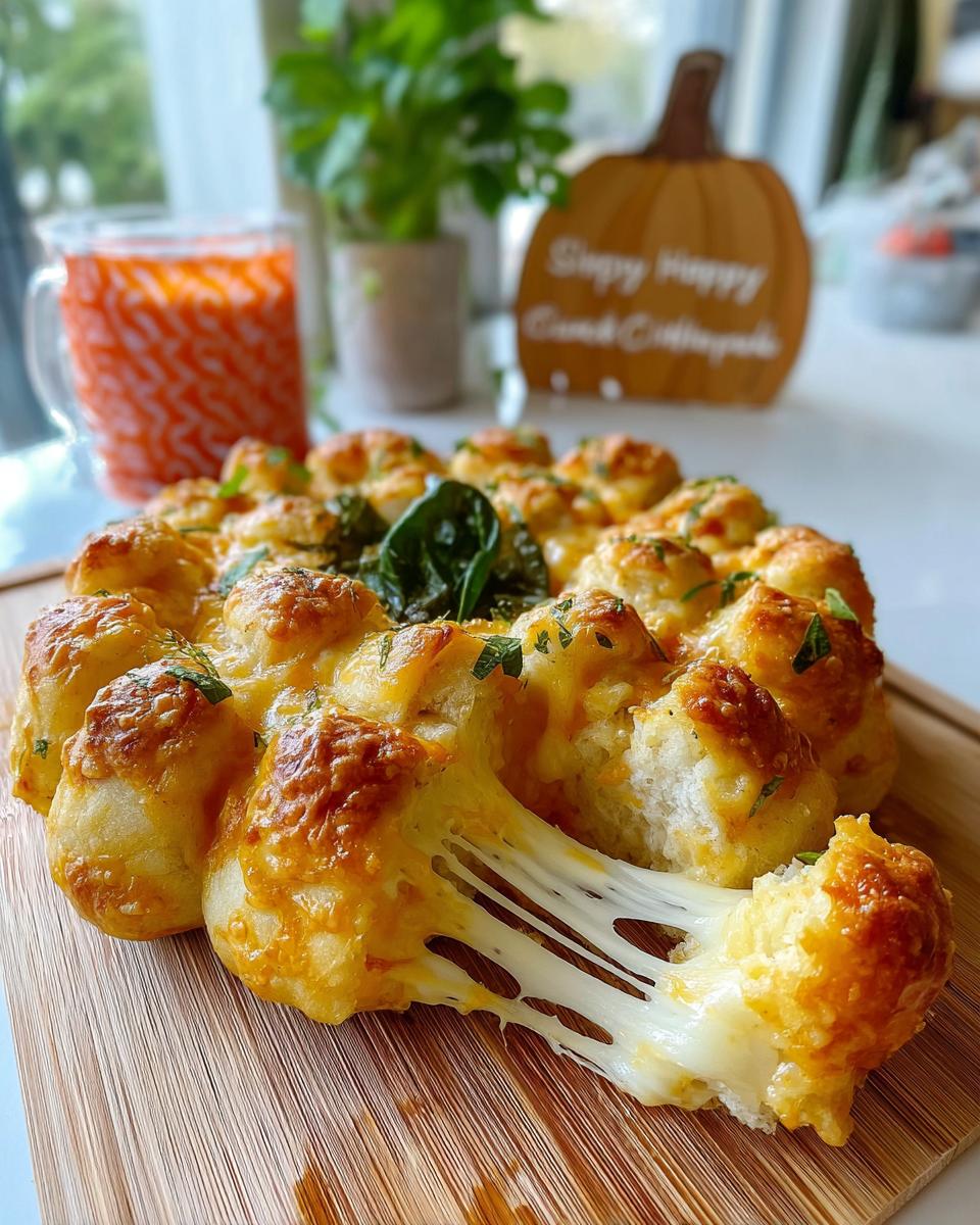 A close-up of Pumpkin-Shaped Cheesy Pull-Apart Bread, with gooey cheese stretching from a pulled-apart piece.