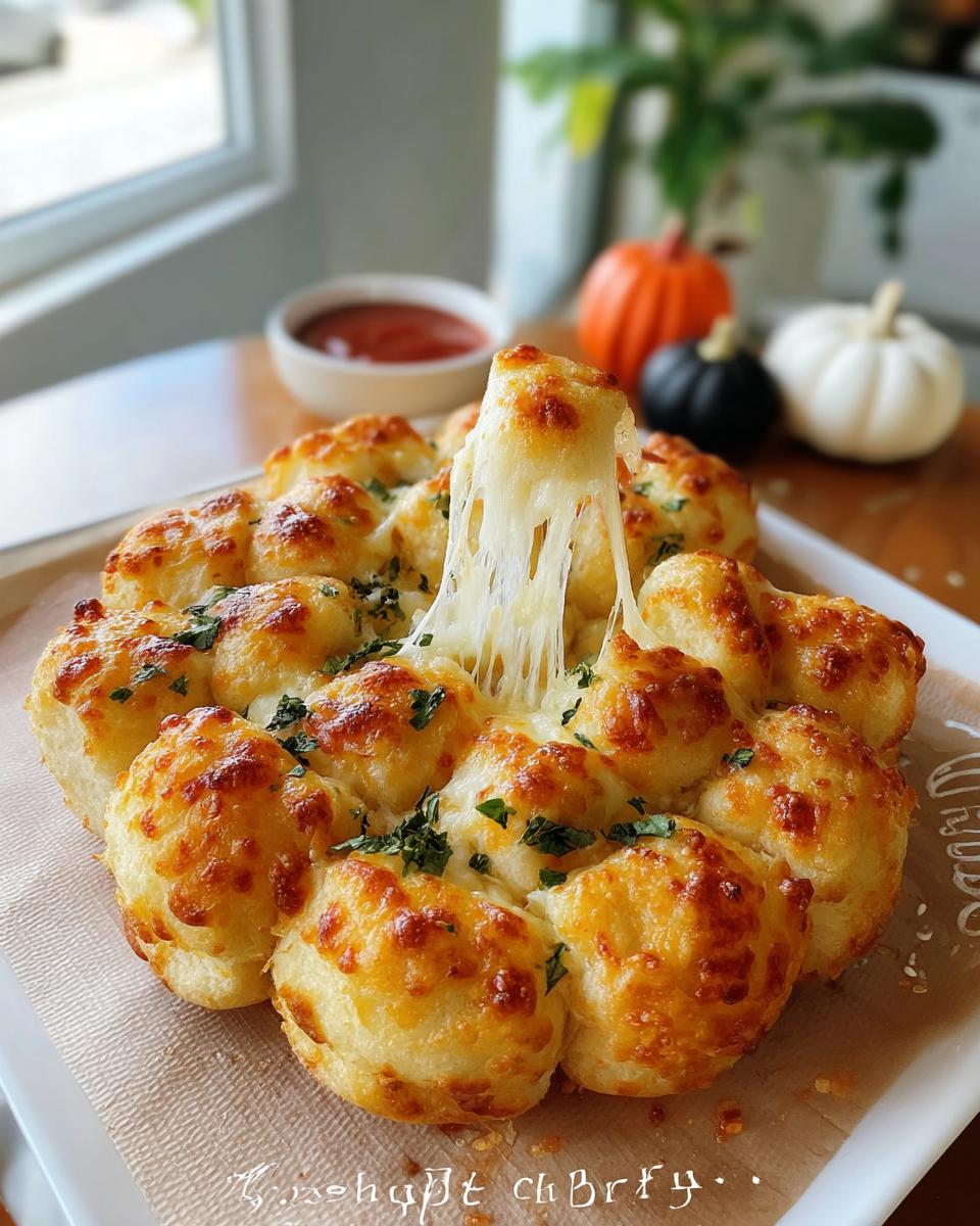 A close-up of Pumpkin-Shaped Cheesy Pull-Apart Bread with gooey melted cheese stretching from a piece. Garnished with herbs.