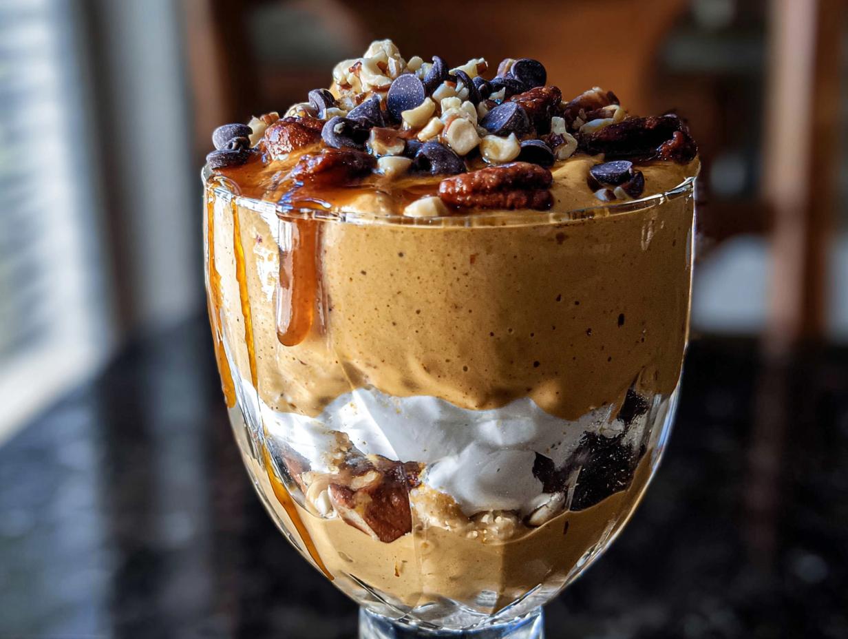 A close-up of a delicious Pumpkin Yogurt Parfait layered with whipped cream, nuts, and chocolate chips, drizzled with caramel.