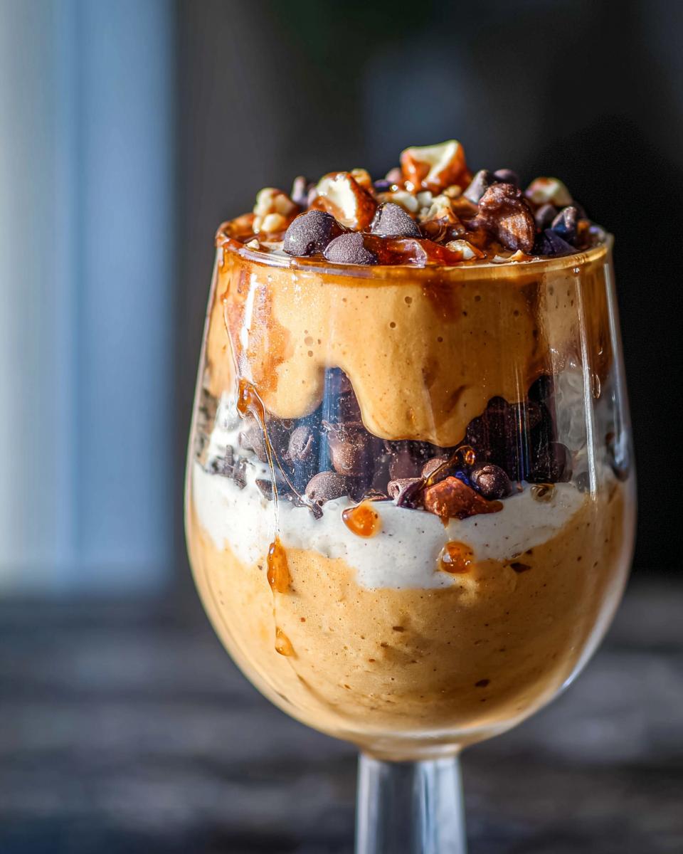 Close-up of a layered Pumpkin Yogurt Parfait (2025) in a glass, featuring pumpkin puree, yogurt, chocolate chips, and nuts.