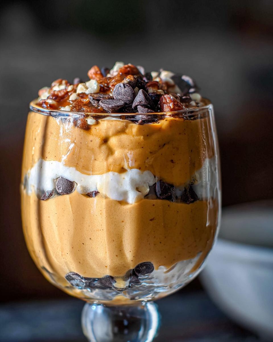 Close-up of layered Pumpkin Yogurt Parfaits in a glass, topped with chocolate chips and nuts.