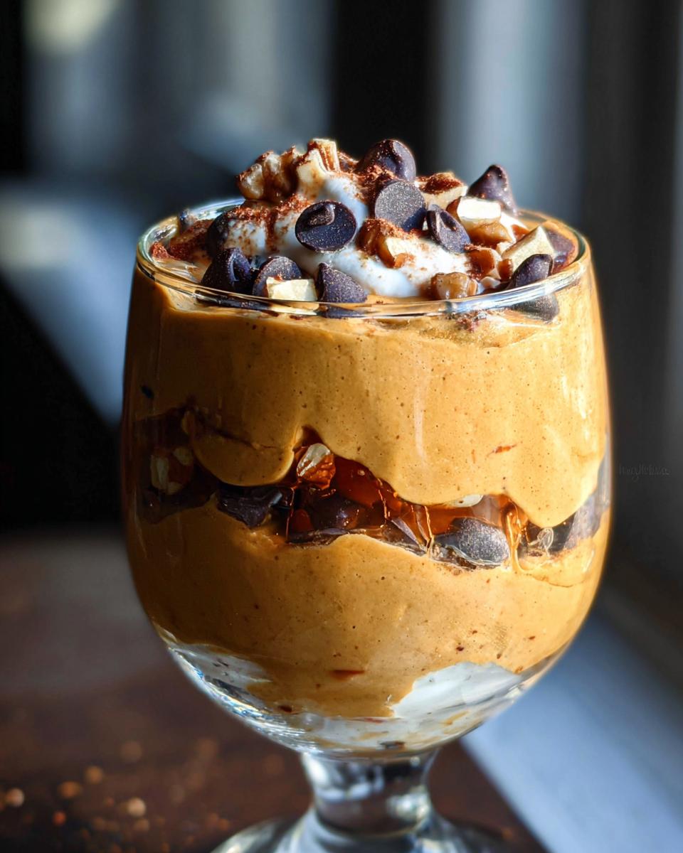 Close-up of a layered Pumpkin Yogurt Parfait (2025) in a glass, topped with whipped cream, chocolate chips, and nuts.