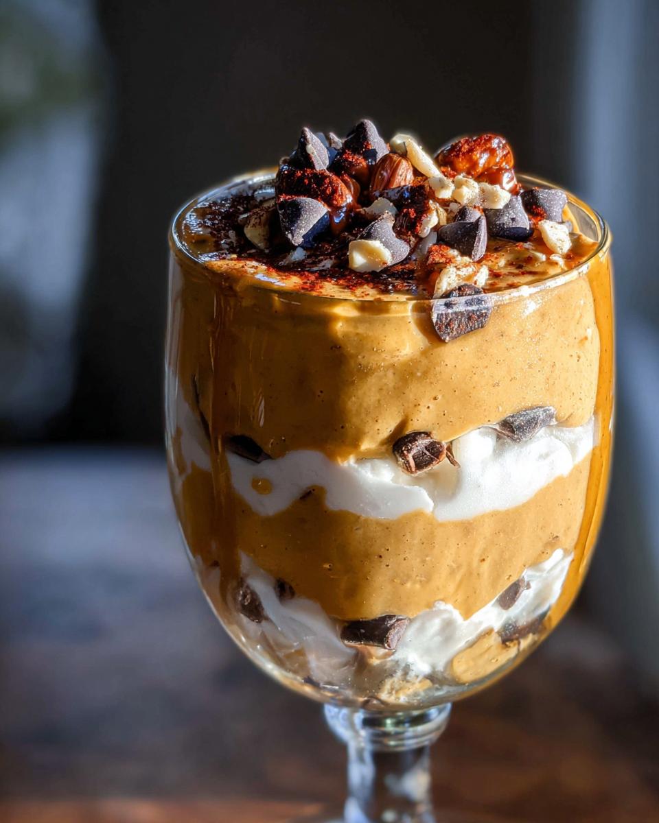 Close-up of layered Pumpkin Yogurt Parfaits (2025) with yogurt, pumpkin filling, chocolate chips, and nuts.