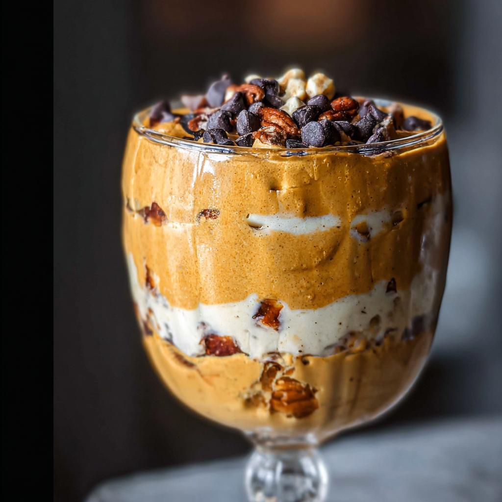 A close-up of layered Pumpkin Yogurt Parfaits in a glass, topped with chocolate chips and nuts.