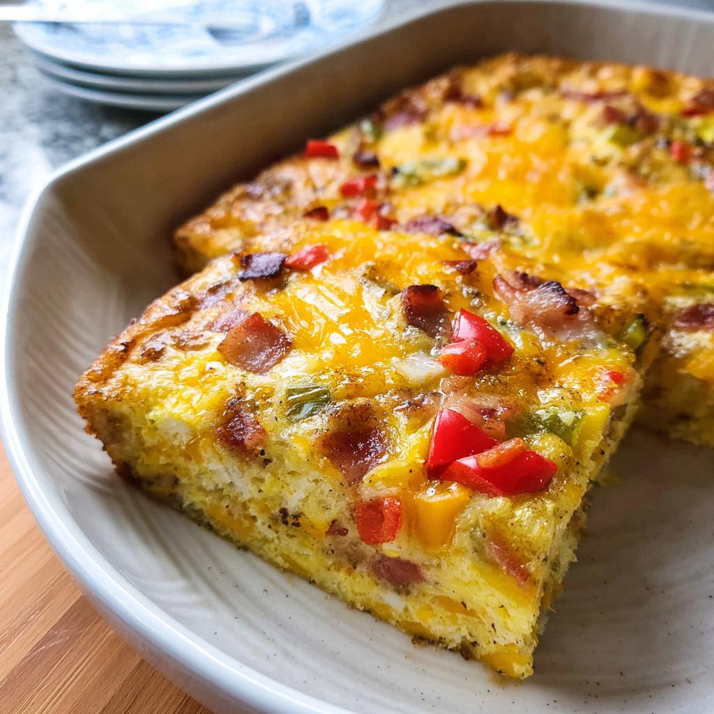 Close-up of a thick slice of Quick Breakfast Casserole in a 9x13 Pan, topped with melted cheese, bacon, and peppers.