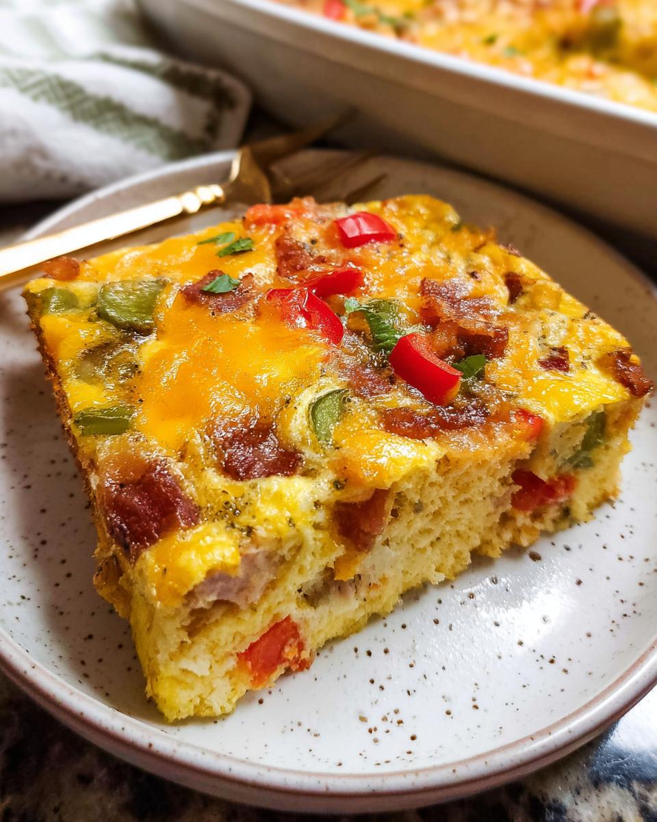 A square slice of Quick Breakfast Casserole in a 9x13 Pan topped with melted cheese, bacon, and peppers.