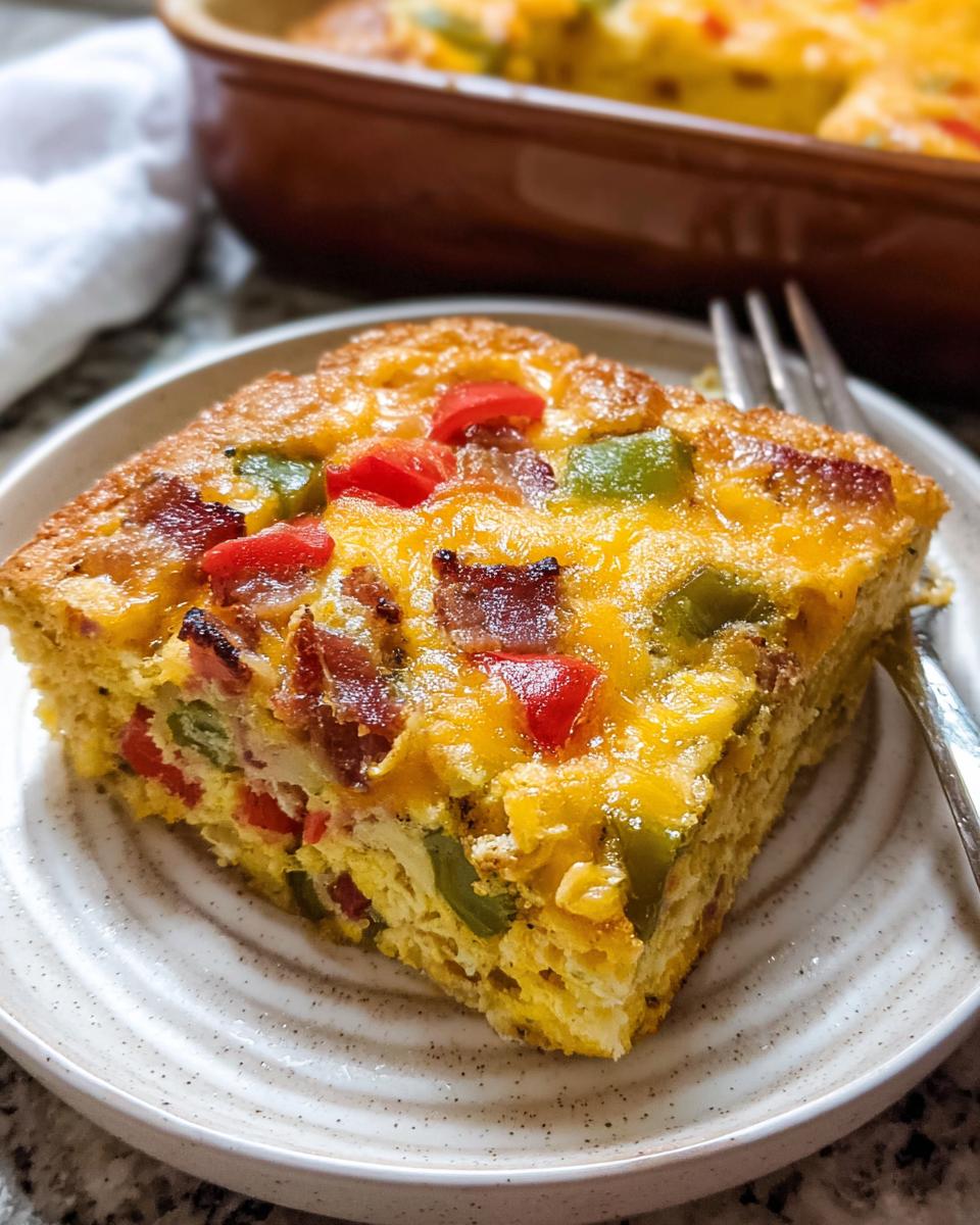 A square slice of Quick Breakfast Casserole topped with melted cheese, bacon, red, and green peppers on a speckled plate.