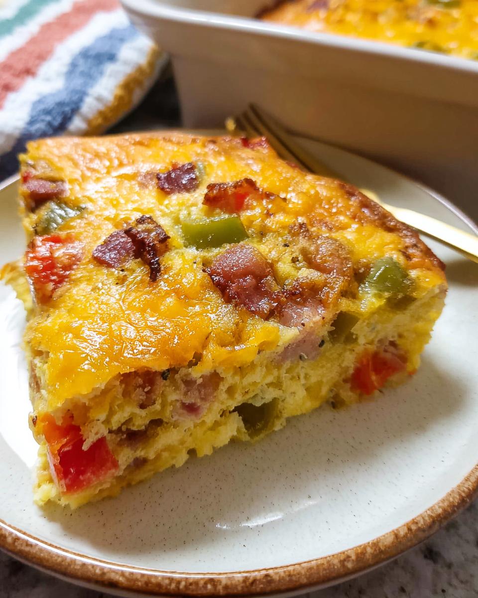 A close-up slice of Quick Breakfast Casserole featuring eggs, melted cheese, bacon, and colorful bell peppers.