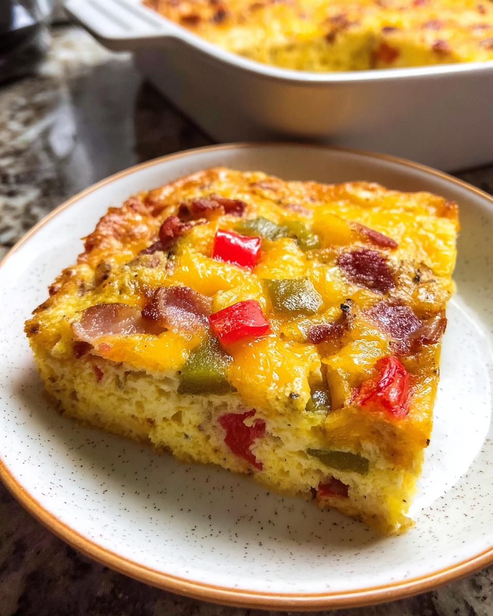 A thick slice of Quick Breakfast Casserole featuring eggs, melted cheese, bacon, and diced red and green peppers.