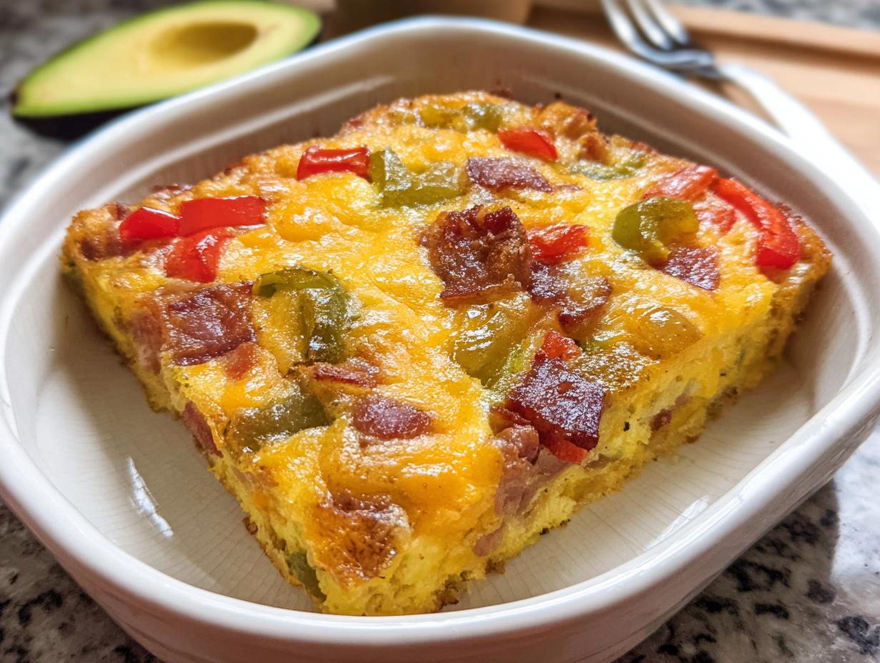 A close-up of a slice of Quick Breakfast Casserole topped with melted cheese, bacon, red, and green peppers.