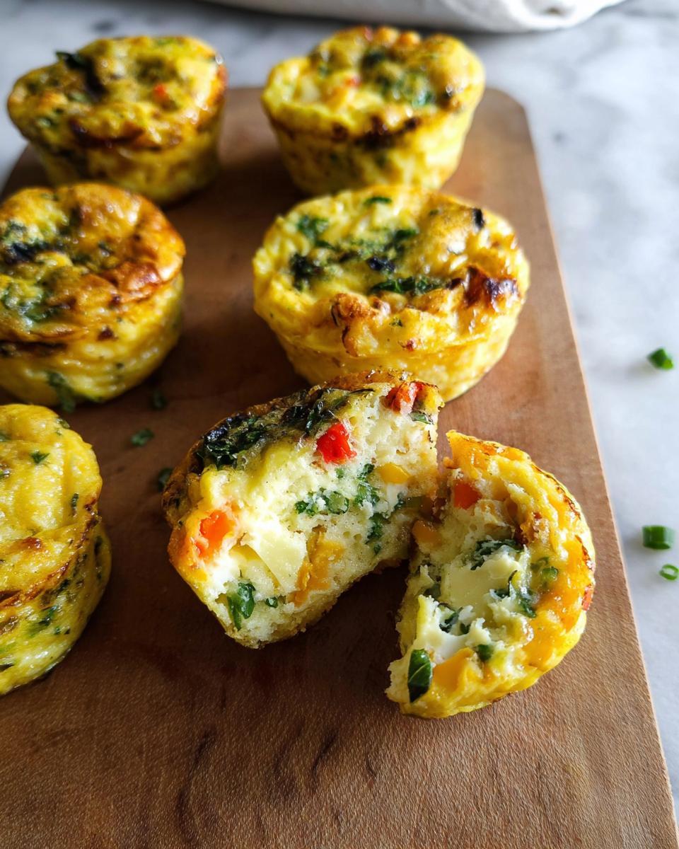 Close-up of several baked Breakfast Meal Prep Egg Cups, one is broken open showing colorful vegetables inside.