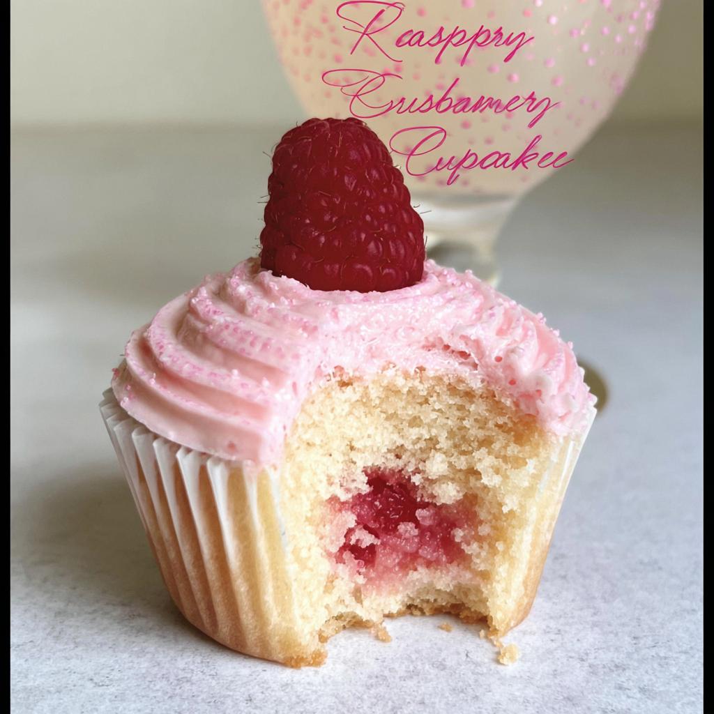 Close-up of a Raspberry Champagne Cupcake with pink frosting, topped with a fresh raspberry, showing a bite taken out revealing the raspberry filling.