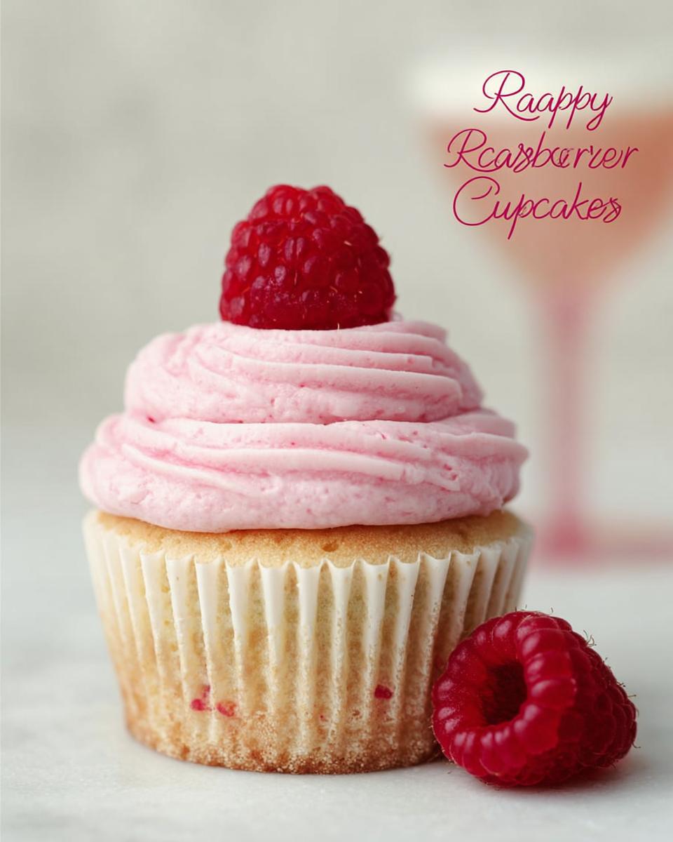 A single Raspberry Champagne Cupcake topped with pink frosting and a fresh raspberry, with another raspberry beside it.