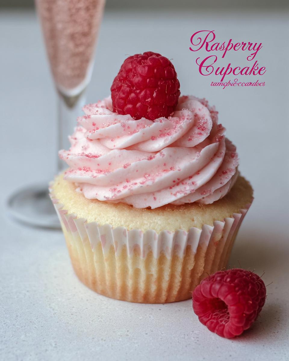 A single Raspberry Champagne Cupcake topped with pink frosting, sprinkles, and a fresh raspberry, with a glass of bubbly in the background.