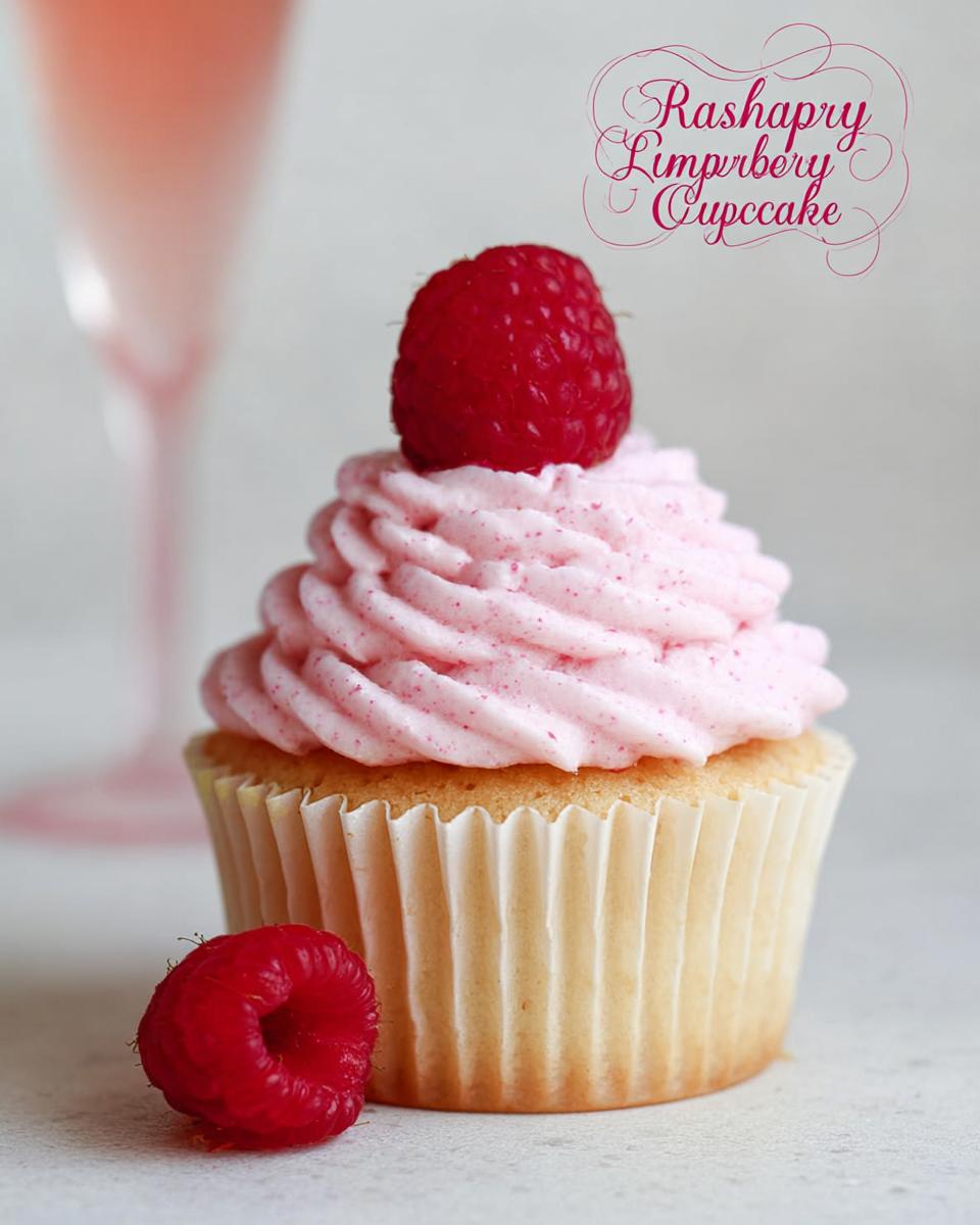 A single Raspberry Champagne Cupcake topped with pink, swirled frosting and a fresh raspberry.