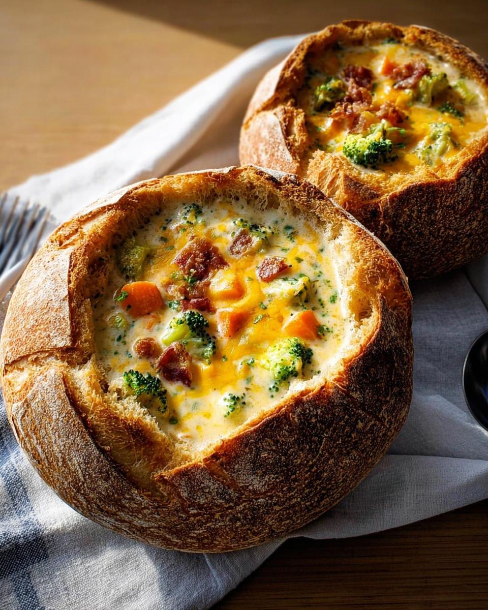 Two bread bowls filled with creamy broccoli cheddar soup, topped with bacon and carrots, perfect for restaurant-style dinner ideas at home.