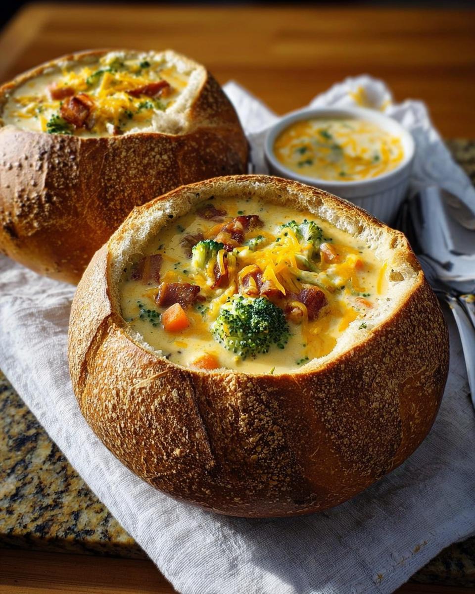Two bread bowls filled with creamy broccoli cheese soup, topped with bacon and shredded cheese. A restaurant-style dinner idea.