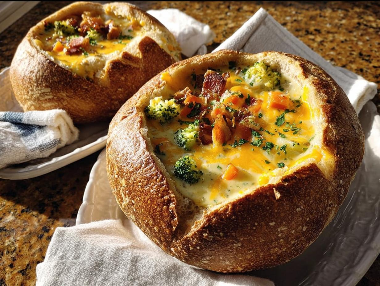 Two rustic bread bowls filled with creamy broccoli cheddar soup, topped with bacon, cheese, and parsley. Restaurant-style dinner ideas.