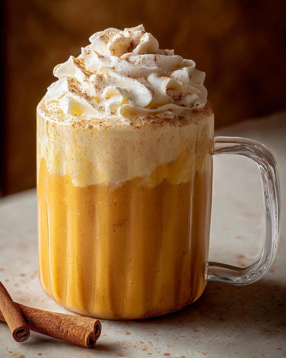 A tall glass mug filled with a creamy, orange Thanksgiving drink, topped with whipped cream and cinnamon, perfect for restaurant-style Thanksgiving drinks at home.