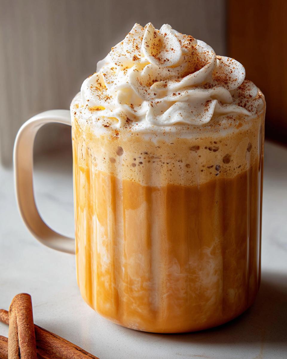 A festive restaurant-style Thanksgiving drink topped with whipped cream and cinnamon in a ribbed mug.