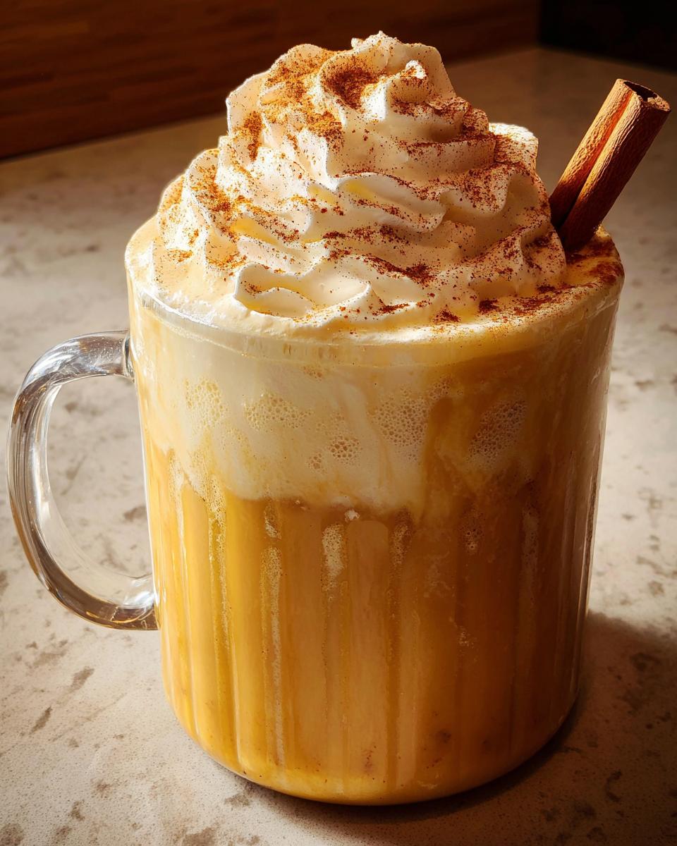 A festive pumpkin spice latte topped with whipped cream, cinnamon, and a cinnamon stick, perfect for restaurant-style Thanksgiving drinks at home.