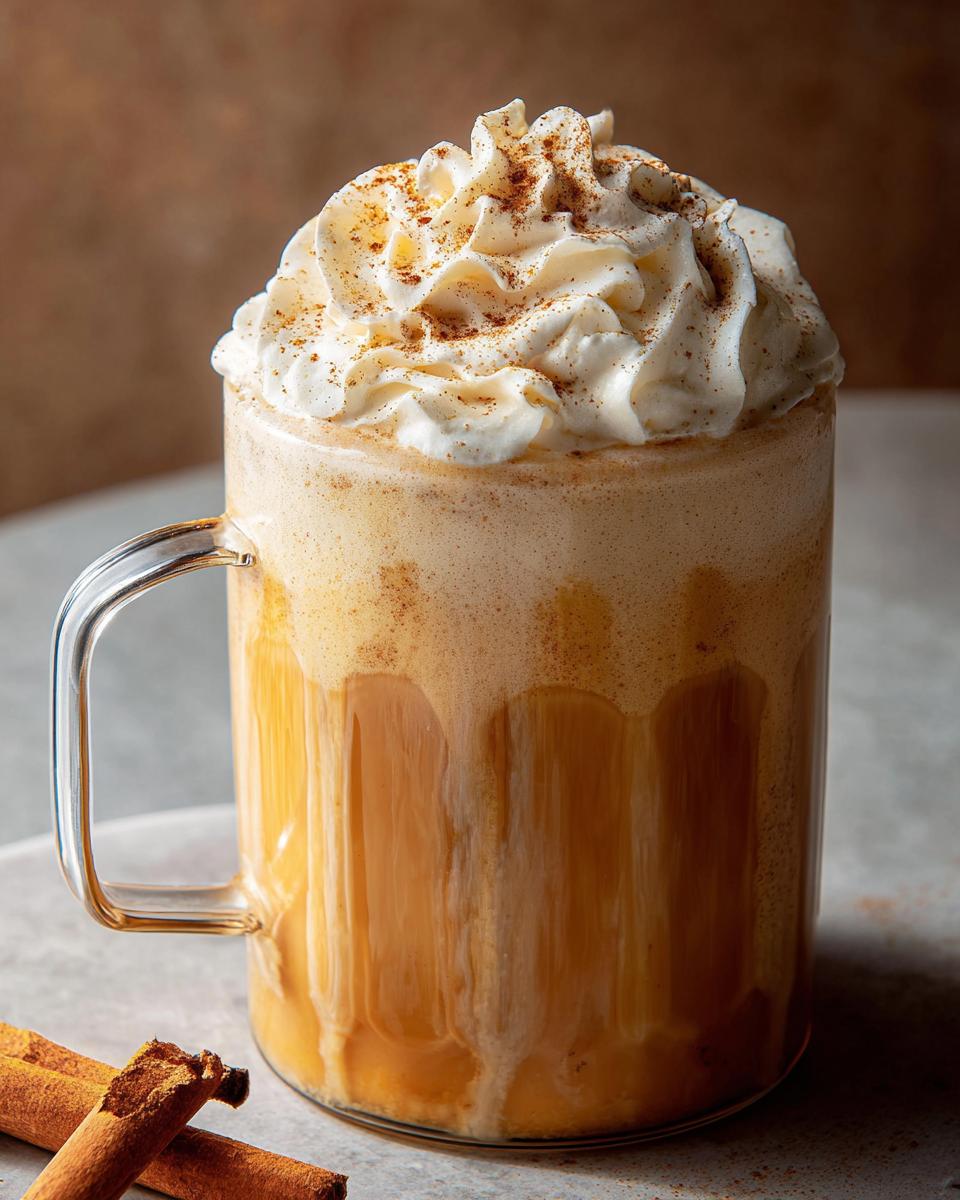 A tall glass mug filled with a frothy pumpkin spice latte, topped with whipped cream and cinnamon, perfect for Restaurant-Style Thanksgiving Drinks at Home.