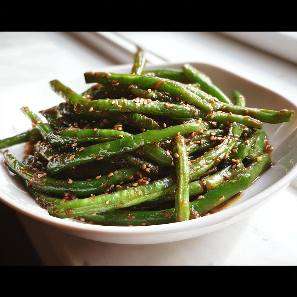 A white bowl filled with glossy, saucy green beans topped with sesame seeds, representing Restaurant-Style Thanksgiving Green Beans.