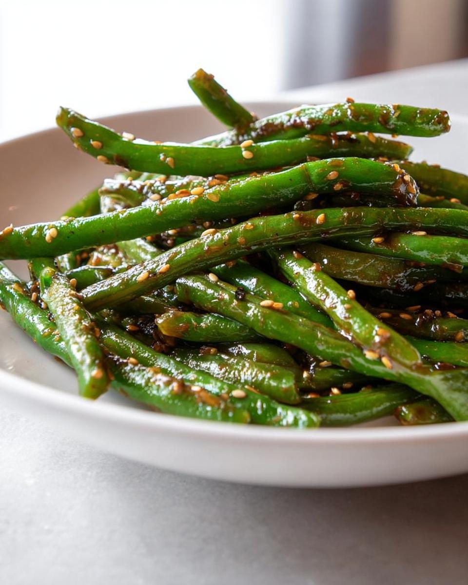 A close-up of glossy, restaurant-style Thanksgiving green beans tossed with a savory sauce and sesame seeds.
