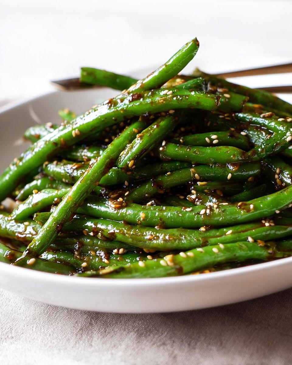 Close-up of glossy Restaurant-Style Thanksgiving Green Beans tossed with a dark sauce and sesame seeds.