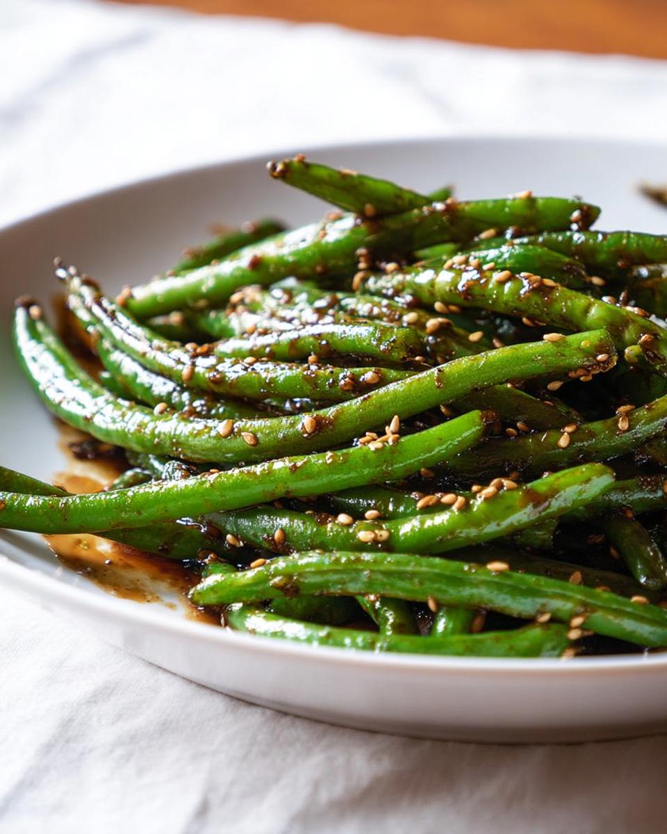 Close-up of glossy Restaurant-Style Thanksgiving Green Beans tossed with a savory sauce and sesame seeds.