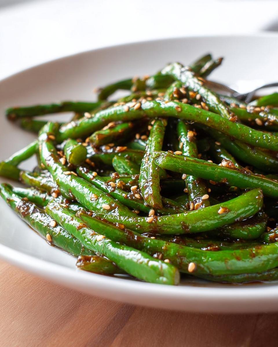 Close-up of glossy, tender green beans coated in a savory sauce and sprinkled with sesame seeds, perfect for Restaurant-Style Thanksgiving Green Beans at Home.