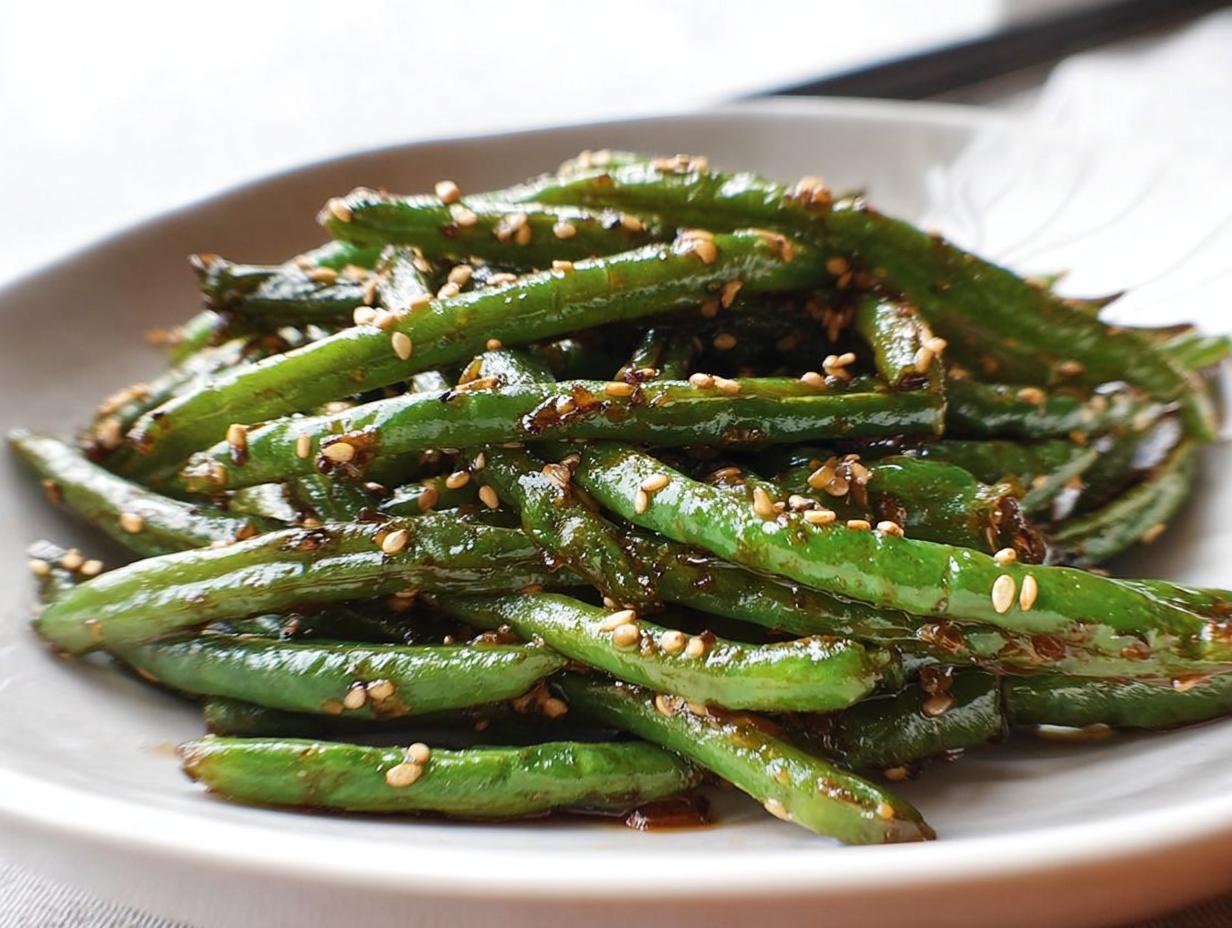 A close-up of glossy, perfectly cooked green beans tossed with a savory sauce and sesame seeds, ready for Thanksgiving.
